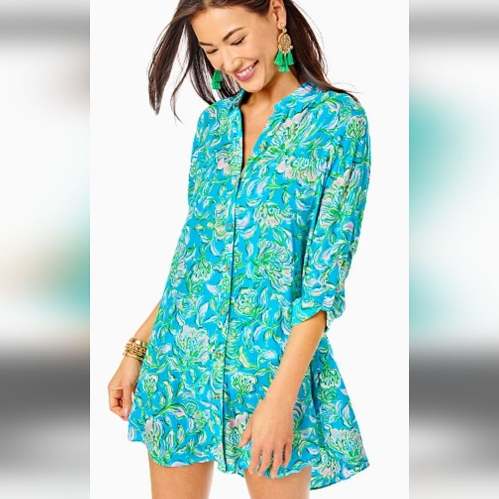 Lilly Pulitzer Natalie Blue Collar Sundress with Cuffed Sleeves